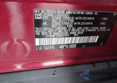 2019 Toyota Rav4 Hybrid Limited из США, поврежденный, VIN 2T3DWRFV7KW022034